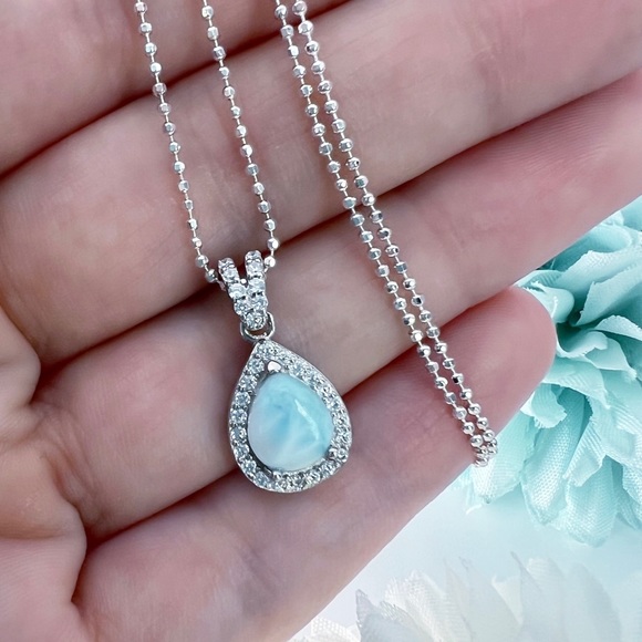 Jewelry - Natural Larimar CZ Diamond Dainty Sparkly Pendant Necklace Sterling Silver 925